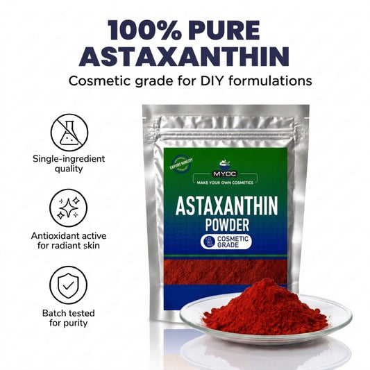 Cosmetic grade astaxanthin powder on a dish beside the pouch
