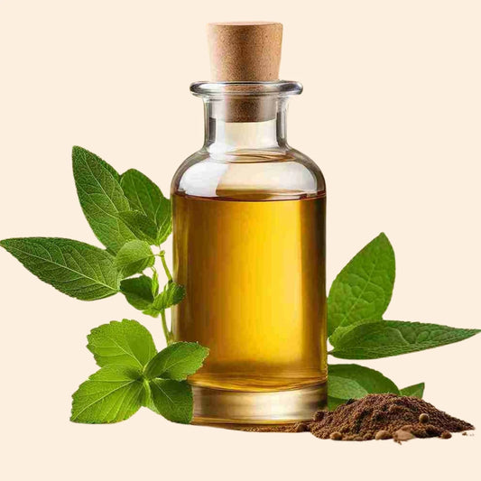 Burberry herbal liquid extract in a glass bottle with leaves