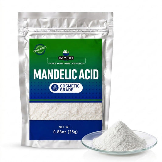 Mandelic acid cosmetic grade pouch with powder in a dish