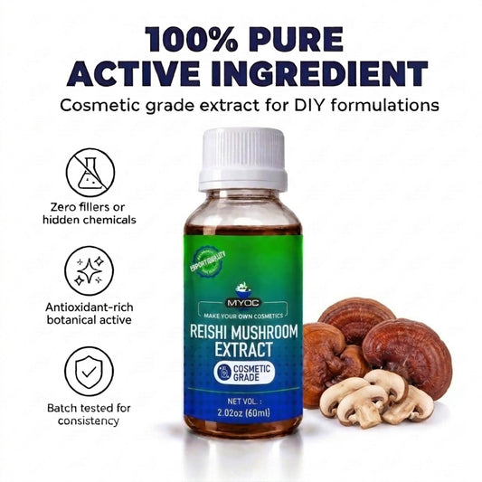 Reishi mushroom extract bottle with key ingredient icons