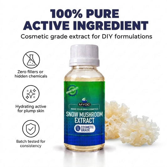 Snow mushroom extract bottle with key ingredient icons