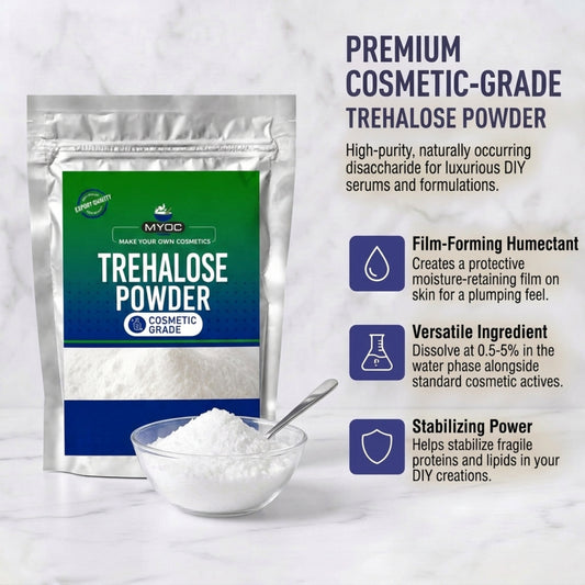 Trehalose powder pouch beside a bowl of powder