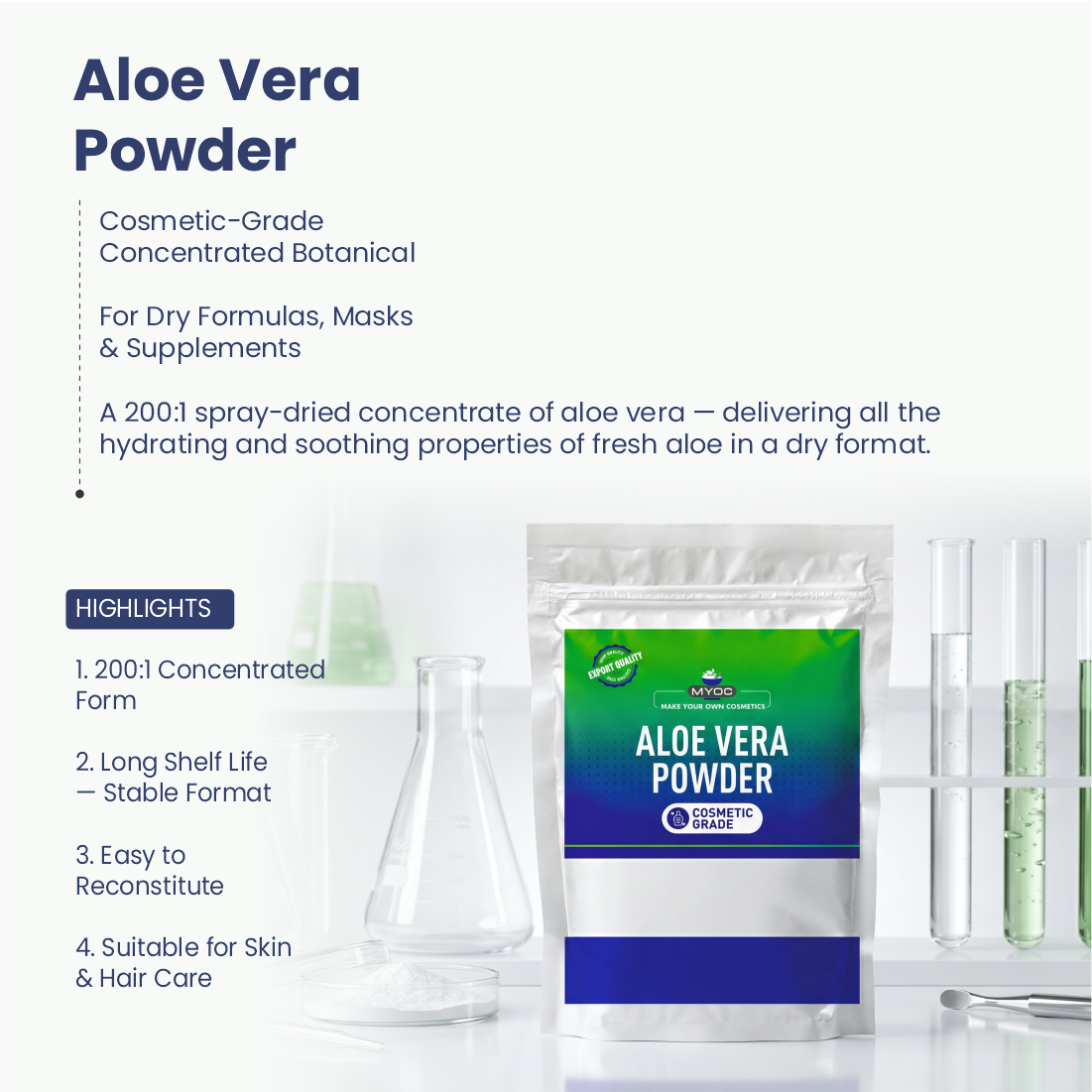 Aloe Vera Powder 200 to 1 Concentrate for Skin and Hair Care formulations