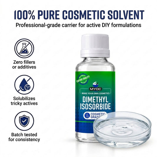 Dimethyl isosorbide solvent bottle beside a glass dish