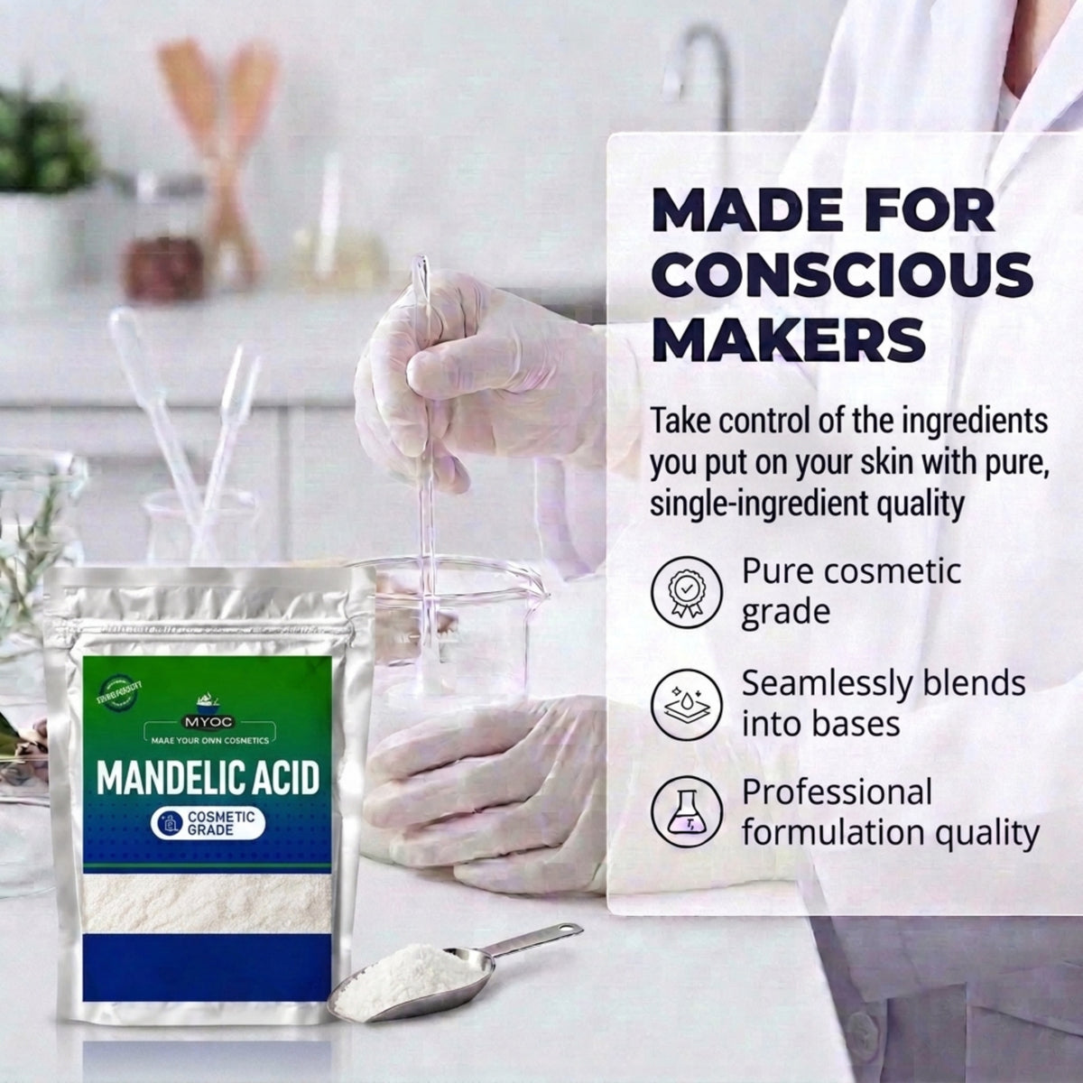 Mandelic acid for makers, gloved hands in a lab