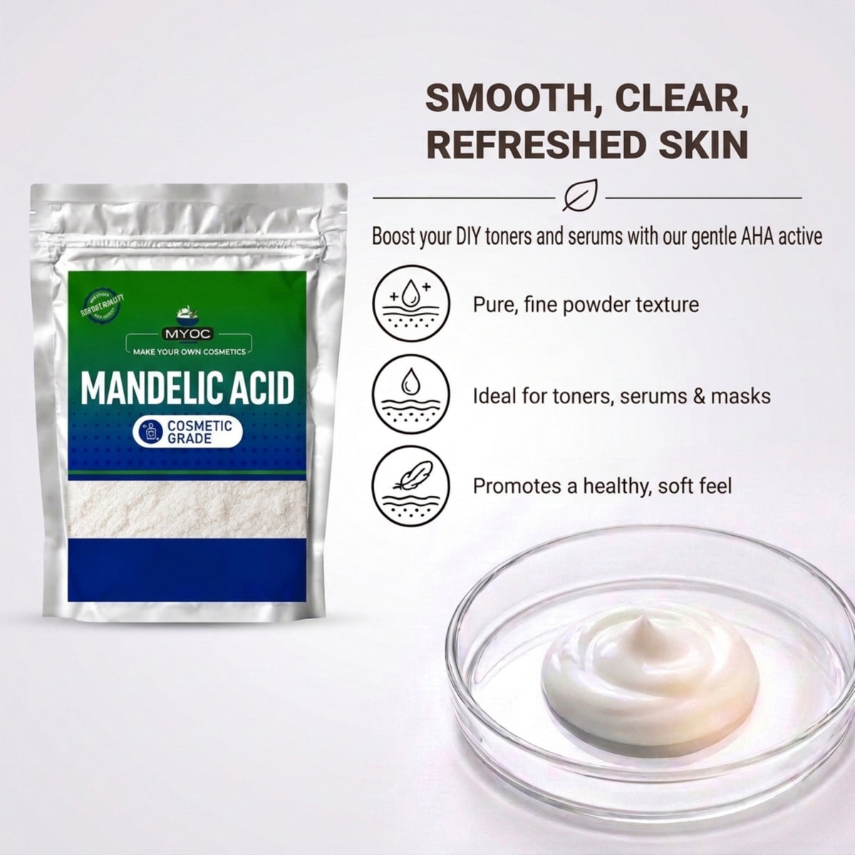 Mandelic acid pouch beside cream in a glass dish