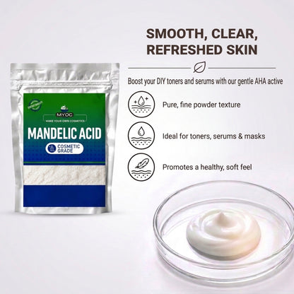 Mandelic acid pouch beside cream in a glass dish