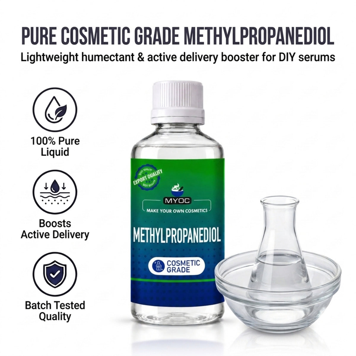 Methylpropanediol bottle with glass flask, product overview infographic