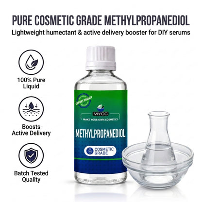 Methylpropanediol bottle with glass flask, product overview infographic