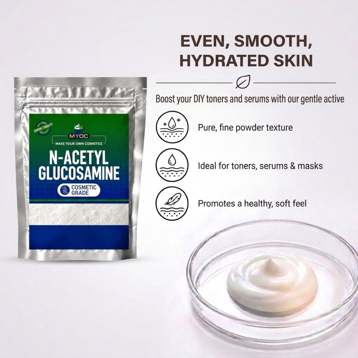 N-acetyl glucosamine pouch beside cream in a glass dish