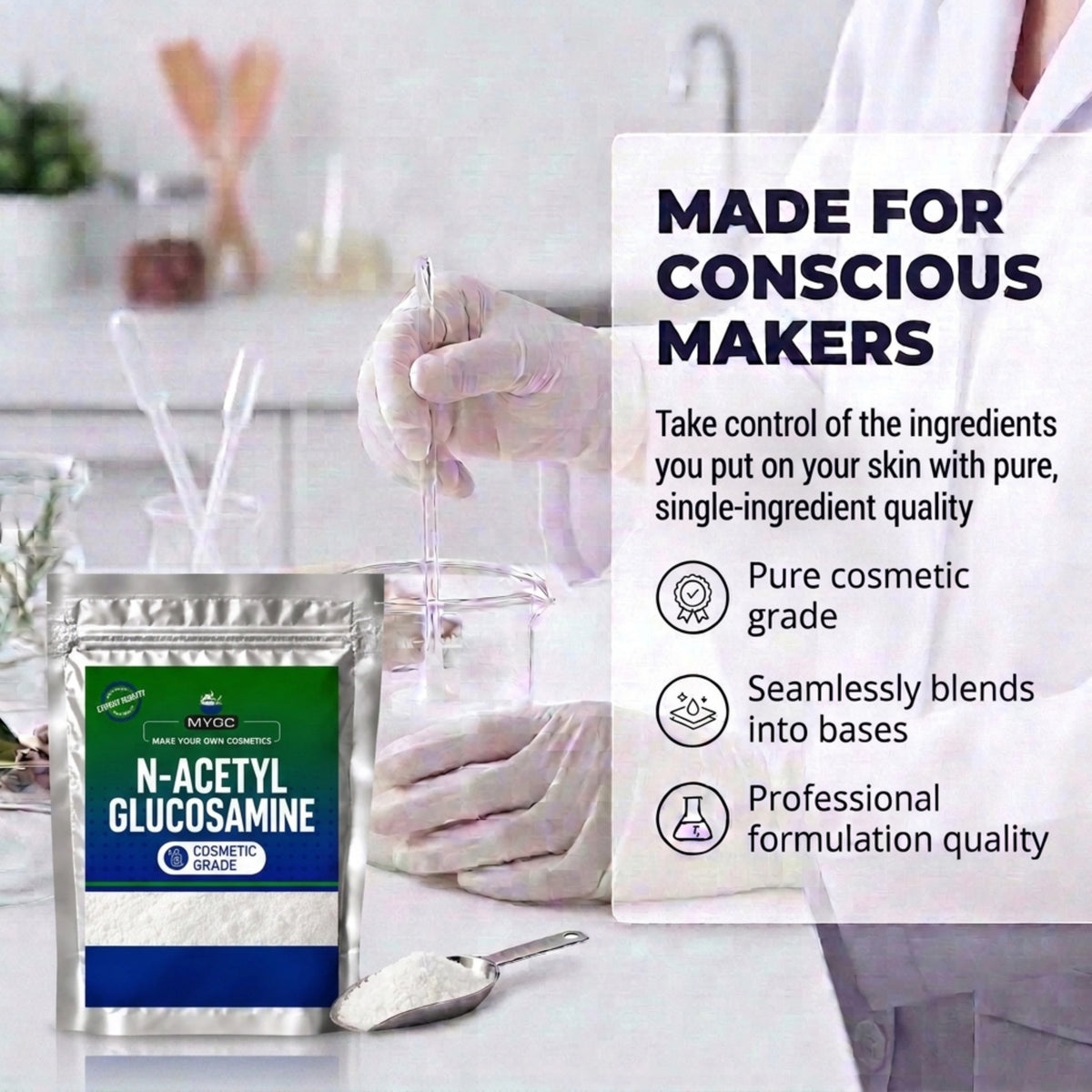 N-acetyl glucosamine for makers, gloved hands in a lab