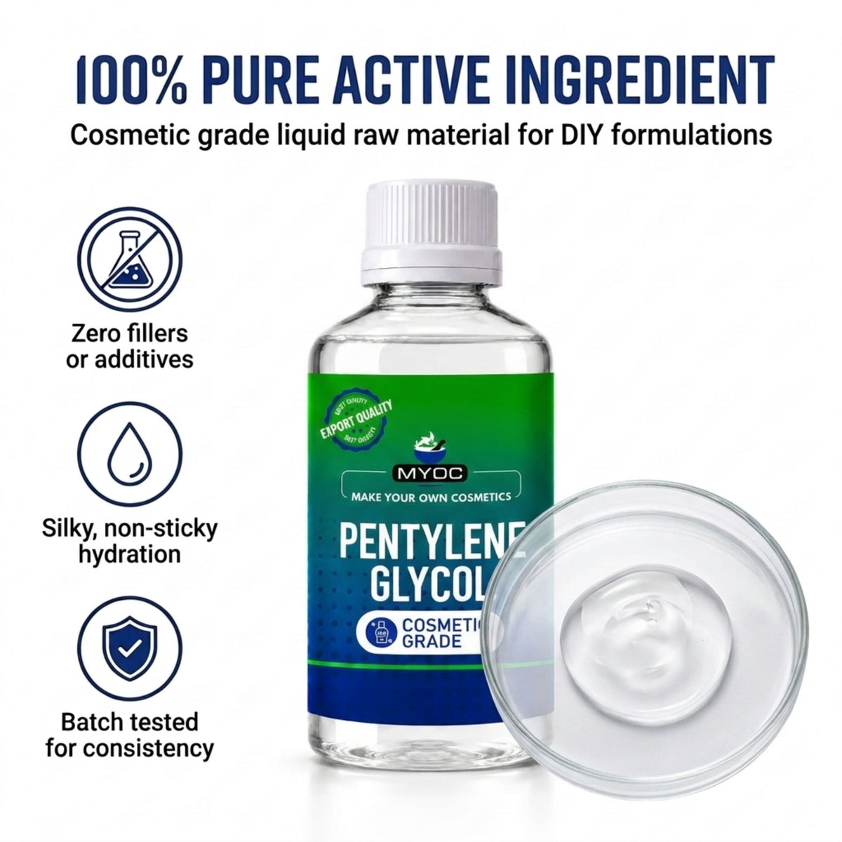 Pentylene glycol bottle with glass dish, product overview infographic