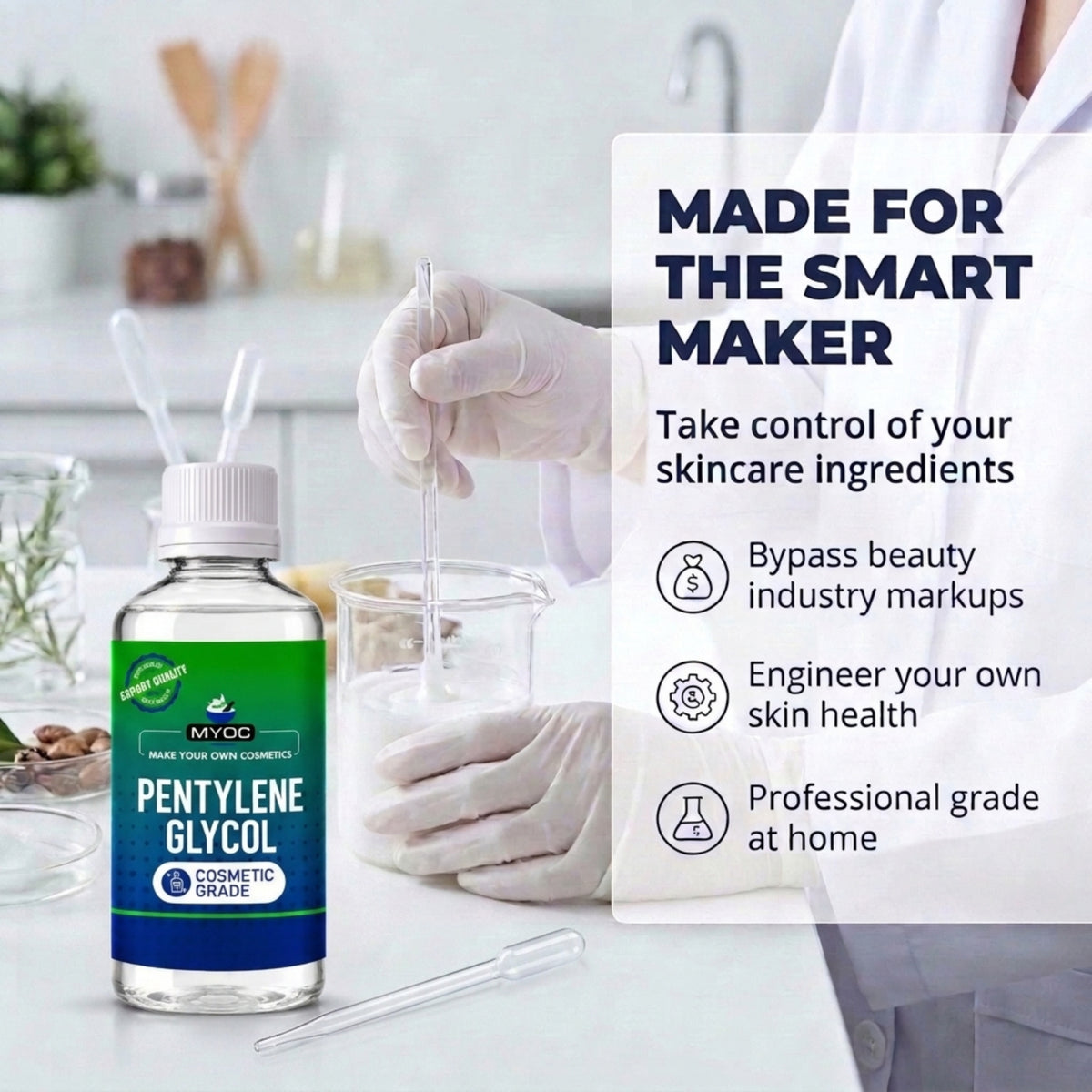 Pentylene glycol for makers, gloved hands in a lab