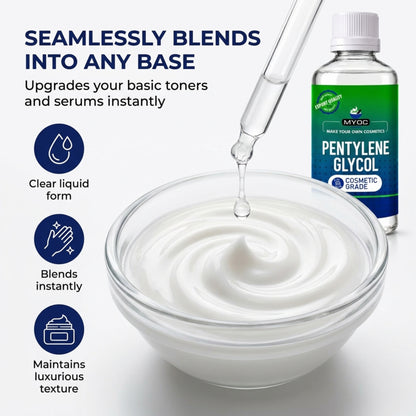 Pentylene glycol dropper over a bowl of cream, infographic