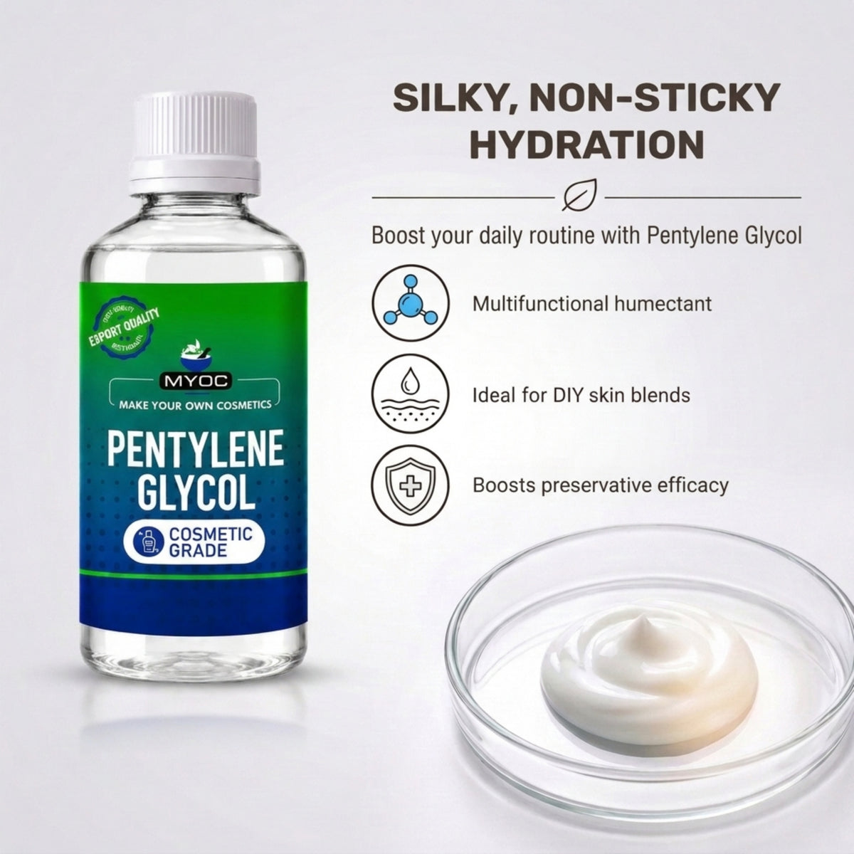 Pentylene glycol bottle beside cream in a glass dish