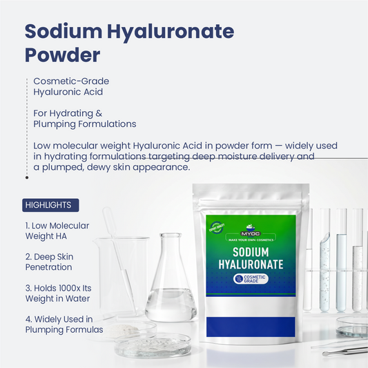 Sodium hyaluronate pouch with highlights beside lab glassware