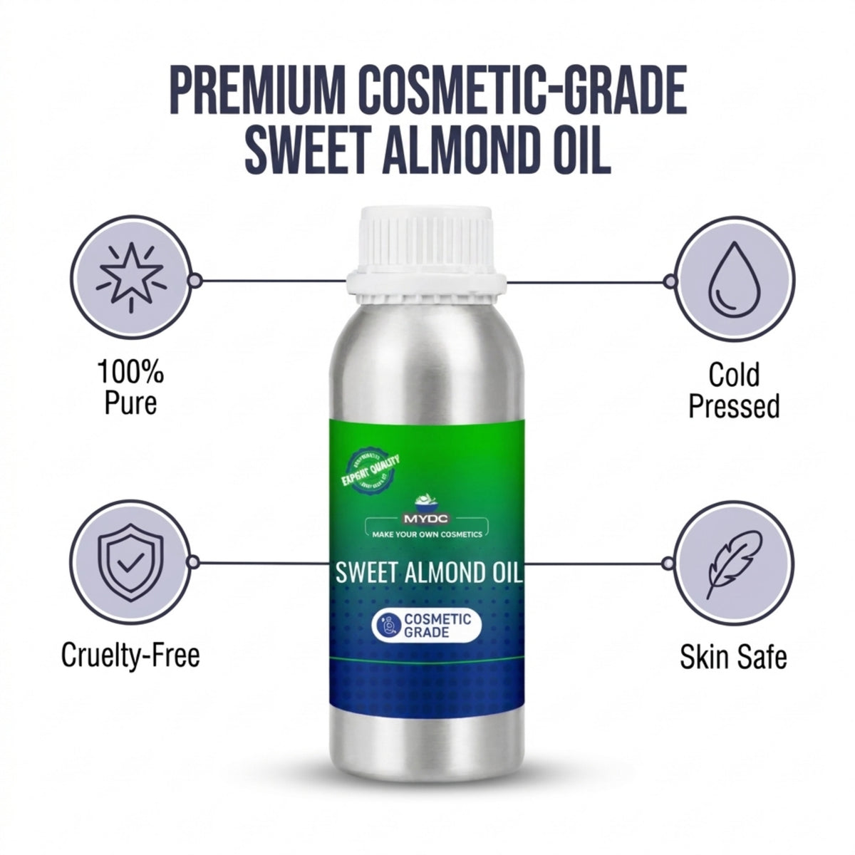 Sweet almond oil bottle with feature icons